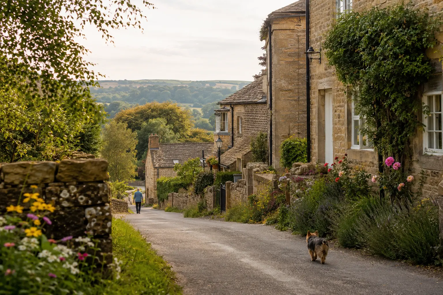A peaceful North Yorkshire stone village lane with cottage gardens and a small terrier