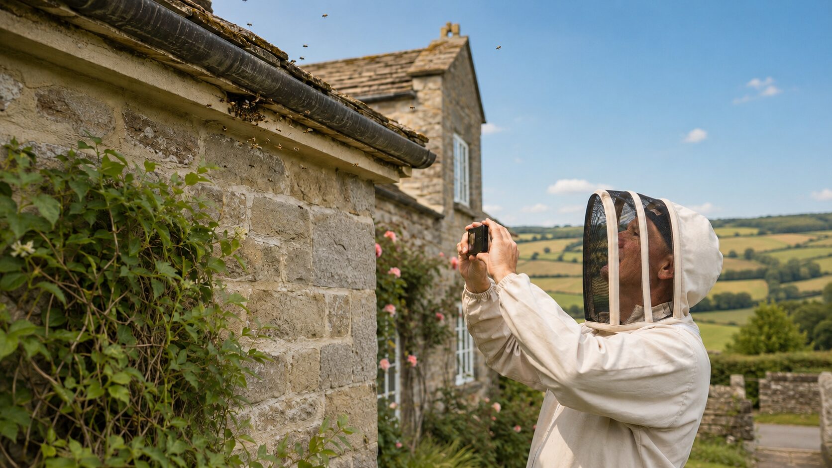 Beekeeper assessing bees entering the eaves of a North Yorkshire stone cottage