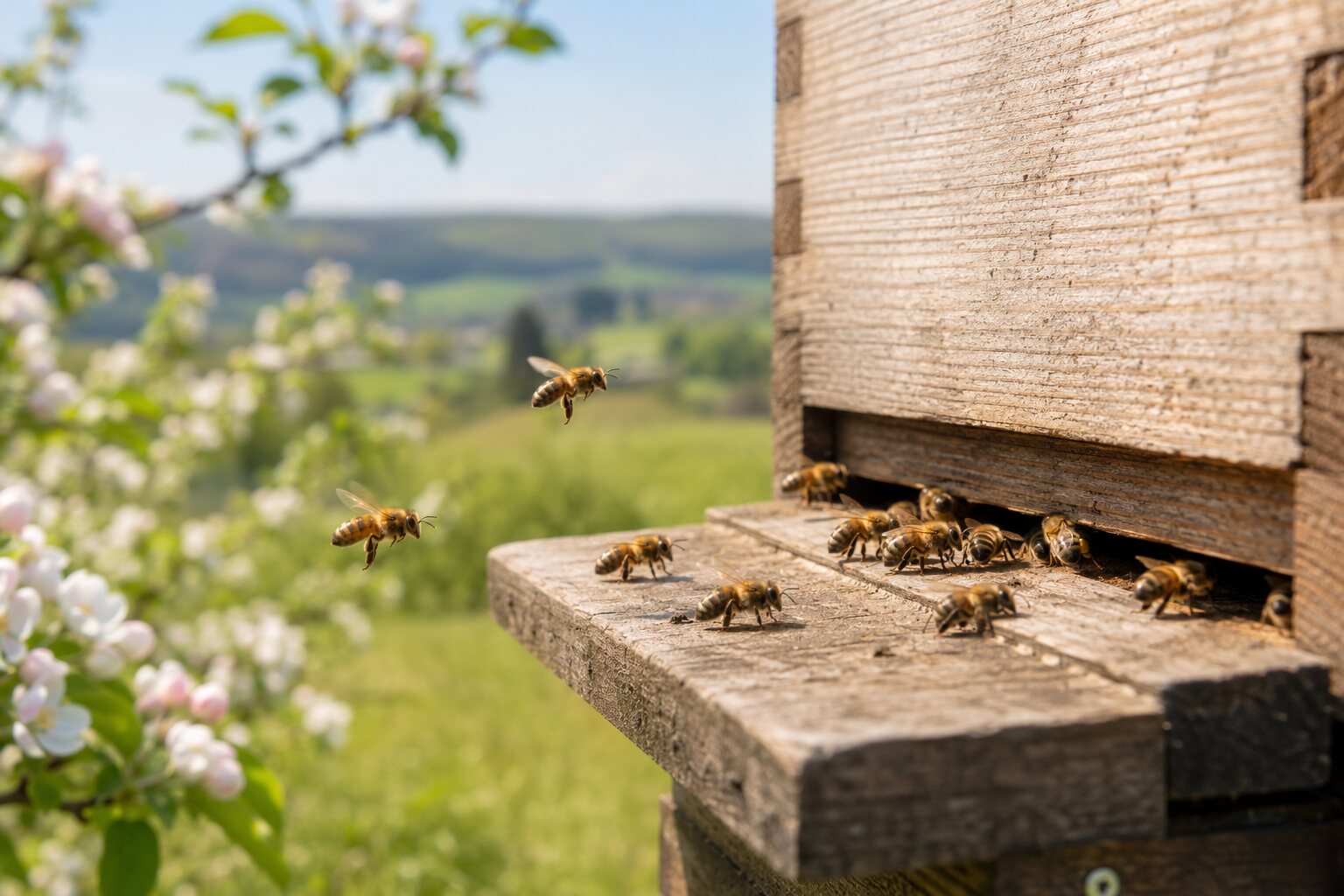 Honey bees flying steadily in and out of a hive entrance